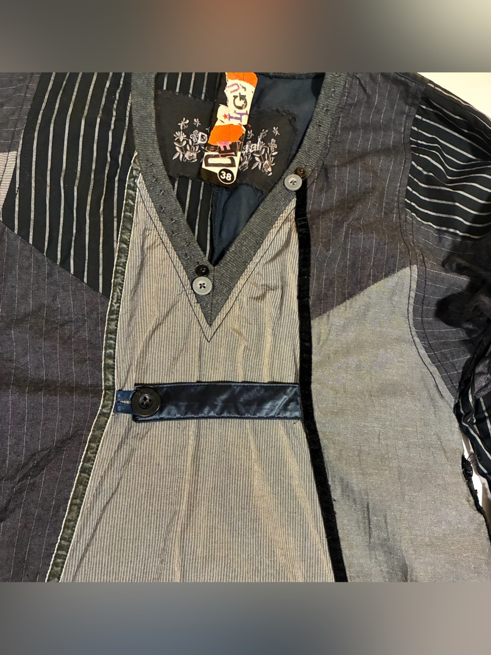 Desigual Vintage Y2K Gray Patchwork Mini Dress Artsy Grunge Boho Whimsigoth S - Picture 3 of 8